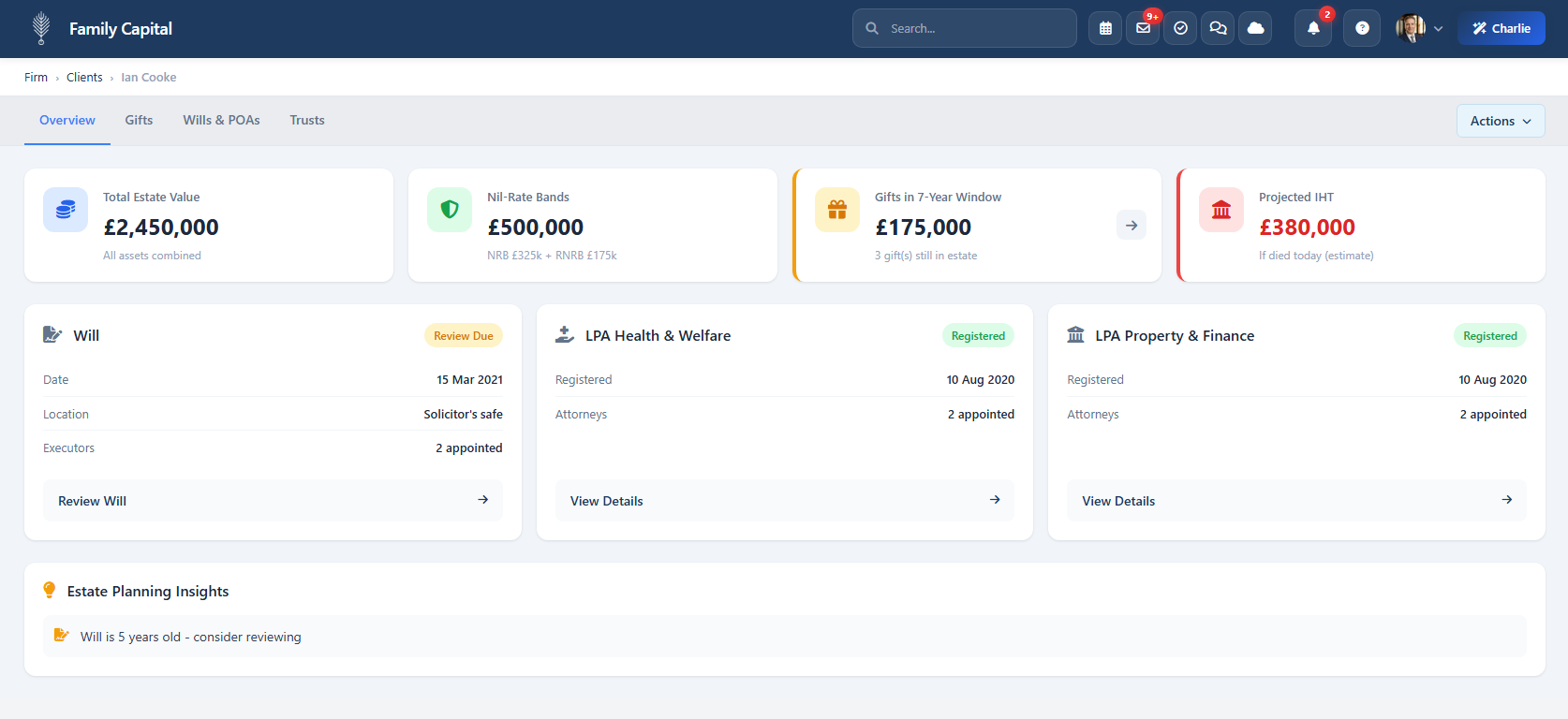 Estate planning dashboard showing IHT projections, wills, and LPAs