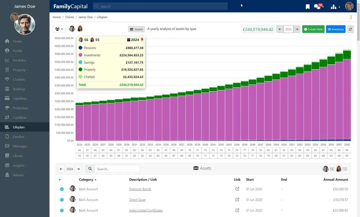 Wealth Portal — Lifeplan view showing wealth projection across decades