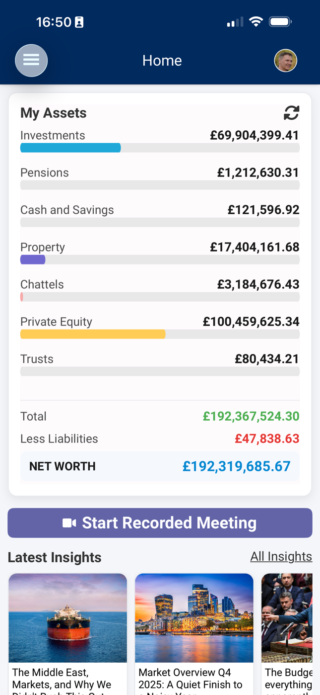 Mobile app — net worth and asset overview