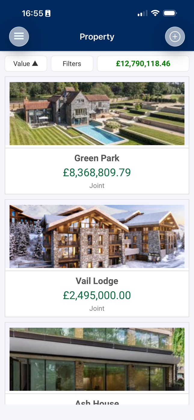 Mobile app — property portfolio with photos and valuations